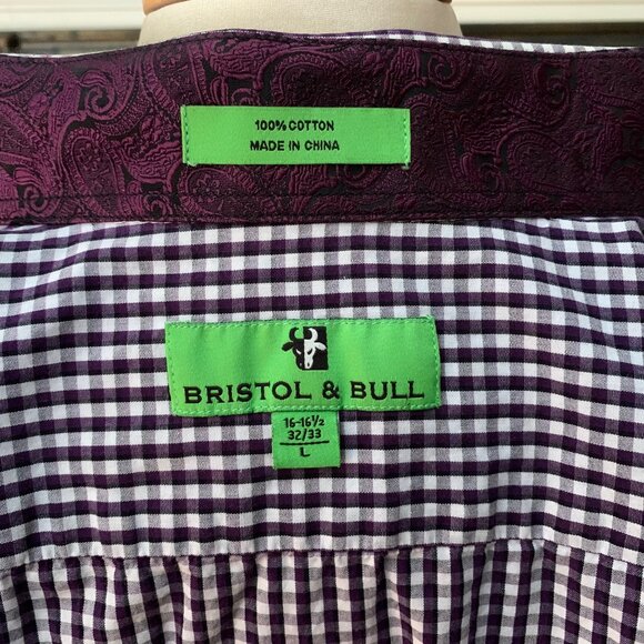 Bristol & Bull Men’s L Shirt Checkered Burgundy and White Button Down - Picture 9 of 12